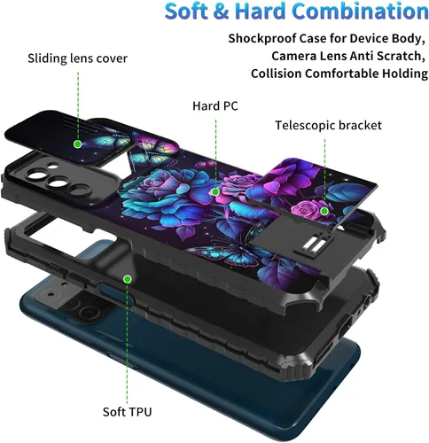 Miniatura 409 de Funda para Samsung Galaxy S22 Ultra 5G, Galaxy S22 Ultra con cubierta de cámara deslizante, funda resistente de doble capa con función atril Black