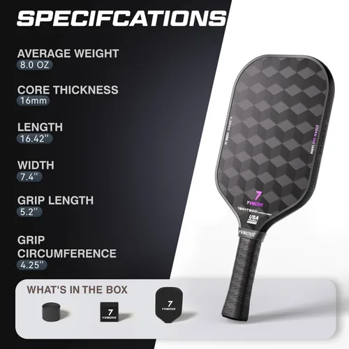 Miniatura 8 de YVmove T800 Carbon Fiber Pickleball Paddle with 16mm Dynamic Core, Premium Pickle Ball Thermoformed Unibody, Elongated Shape, Enhanced Power & Gris