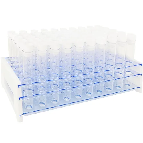 50 piezas de tubos de ensayo de plástico transparente con estante, tubos de 16x100mm (10ml) con tapas y estante de tubos de 50 agujeros para