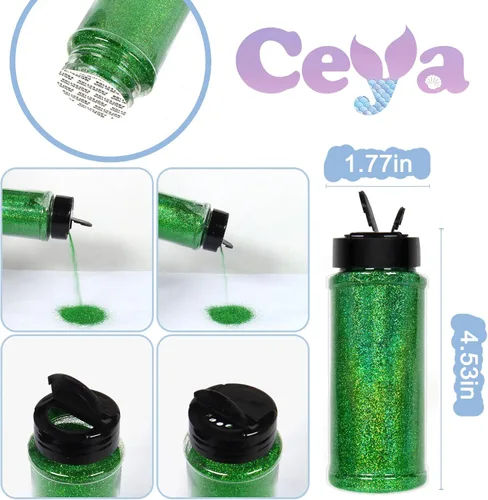 Miniatura 4 de Ceya 110g/ 3.8oz Polvo de Purpurina Holográfica Ultra Fina Láser Verde 1/128” 0.008” 0.2mm para Slime, Resina Epoxy, Manualidades, Vaso, Joyería