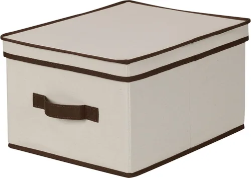 Household Essentials 513 - Caja de almacenamiento con tapa y asa, lona beige natural con ribete marrón, tamaño grande