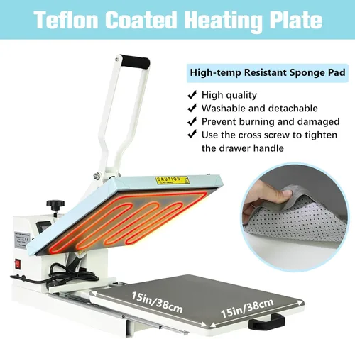 Miniatura 5 de Prensa de calor de 15 x 15 pulgadas, calidad industrial con presión ajustable, máquina de transferencia de calor deslizante para camiseta, azul