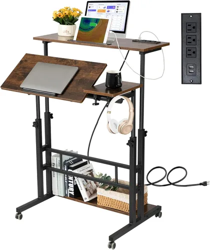 Miniatura 10 de Hadulcet Escritorio móvil de pie con estación de carga, escritorio ajustable para computadora de pie, carrito ajustable para laptop con ruedas
