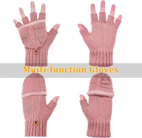 Miniatura 32 de Beurlike Guantes de invierno para mujer, de lana cálida, a prueba de viento, convertibles, sin dedos
