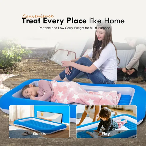 Miniatura 7 de Cama de aire para niños, colchón inflable para viaje de bebé con laterales, azul