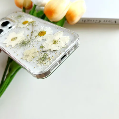 Miniatura 8 de LSEEKA Funda transparente para iPhone 15 Pro Max con diseño de flores reales prensadas, con purpurina, bonito patrón floral blanco, delgada, suave