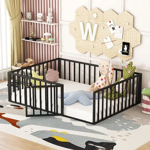 Miniatura 12 de Base de cama individual para niños, cama Montessori de metal con rieles y puerta, marco de cama de tamaño individual con barandillas