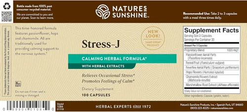 Miniatura 6 de Nature's Sunshine Stress-J, 100 cápsulas Esta fórmula natural para aliviar el estrés promueve la sensación de calma y ayuda con el estrés ocasional