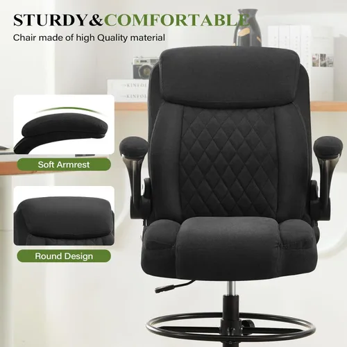 Miniatura 9 de Silla de dibujo alta para escritorio de pie, silla de escritorio alta ergonómica con anillo de pie ajustable, reposabrazos abatibles, soporte Negro