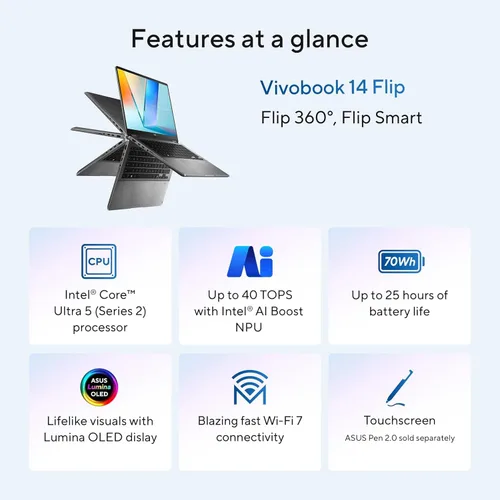 Miniatura 2 de ASUS Vivobook 14 Flip 2 en 1 portátil, pantalla táctil FHD OLED de 14 pulgadas, Intel Core Ultra 5 226V (hasta 40 superiores), gráficos Intel Arc