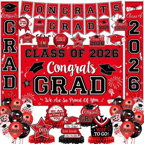 Decoraciones de graduación 2026, juego de decoraciones de graduación rojo y negro con pancarta y telón de fondo de felicitaciones, letrero de