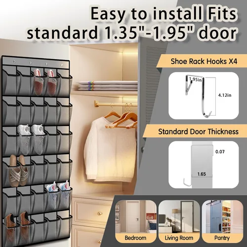 Miniatura 6 de Kotkn Organizador de zapatos sobre la puerta con 30 bolsillos de malla transpirable, almacenamiento de armario de gran capacidad para hombres y Gris