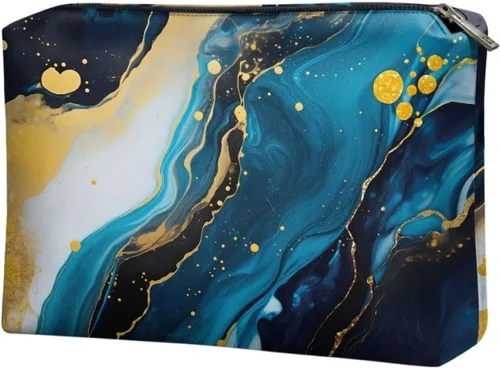 Miniatura 2 de Flashideas Bolsa de maquillaje portátil de cuero impermeable bolsa de cosméticos embrague maquillaje cepillo bolsa, Estampado De Mármol Azul 1