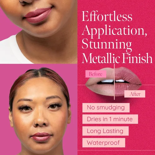 Miniatura 4 de Aromi Lápiz labial líquido metálico Color de labios castaño rojizo con acabado brillante, vegano, tono desnudo rosa, de larga duración, resistente