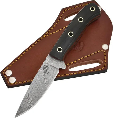 Knives Ranch EDC de hoja fija hecha a mano – Caza y desollado de Damasco compacto con mango de micarta de arpillera – Estilo vaquero de espiga