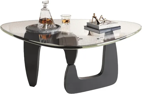 Miniatura 10 de WLIVE Mesa de café, mesa de café pequeña de vidrio con patas de madera maciza, mesas de sala de estar triangulares de 36" de mediados de siglo, mesa