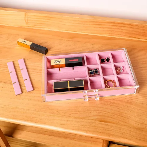 Miniatura 6 de Frebeauty Organizador de joyas de acrílico, caja organizadora de aretes con 5 cajones, organizador de aretes con bandejas de terciopelo, caja