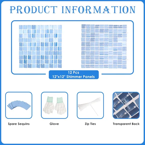 Miniatura 2 de Telón de fondo de pared brillante con lentejuelas cuadradas, color azul bebé, decoración para bodas, aniversarios, cumpleaños, fiestas, 12 paneles