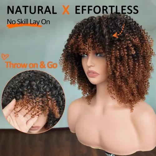 Miniatura 3 de Peluca rizada afro rizada marrón con flequillo - peluca sintética de pelo corto para mujeres negras