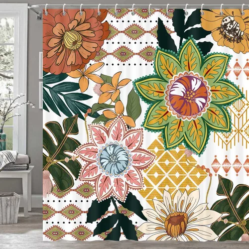 Torich Cortina de ducha bohemia floral para baño, abstracta de mediados de siglo, decoración bohemia, cortinas de baño, flores botánicas, hojas