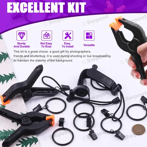 Miniatura 3 de Swpeet Kit de 22 abrazaderas para telón de fondo de fotografía, 10 anillos de cortina con clips, 6 abrazaderas de resorte para telón de fondo y 6