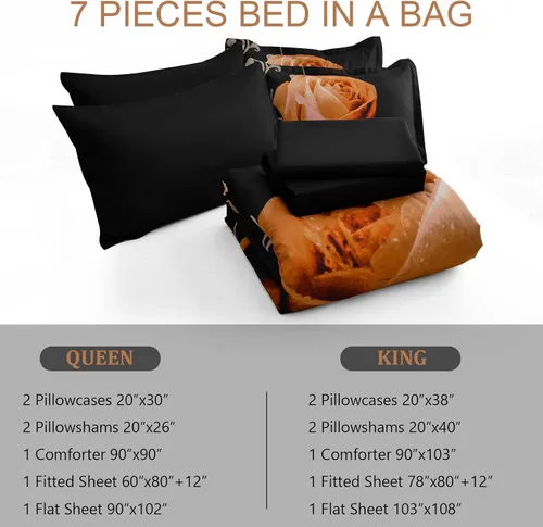 Miniatura 6 de Xruibed Juego de edredón floral tamaño King de 7 piezas en una bolsa, edredón de flores de rosa naranja con juego de sábanas de microfibra suave