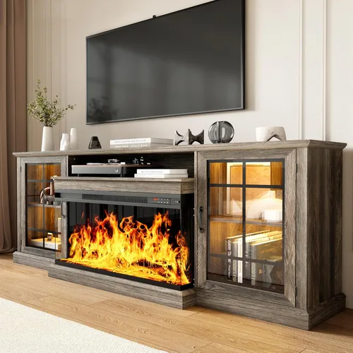 Miniatura 15 de MXV - Soporte de chimenea para TV de 59 pulgadas, centro de entretenimiento estilo granja con soporte de TV de 3 lados de vidrio, consola multimedia