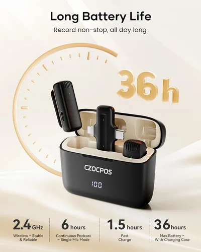Miniatura 4 de Micrófono Lavalier inalámbrico para iPhone, iPad y Android con funda de carga, micrófono de solapa con reducción de ruido, duración de la batería