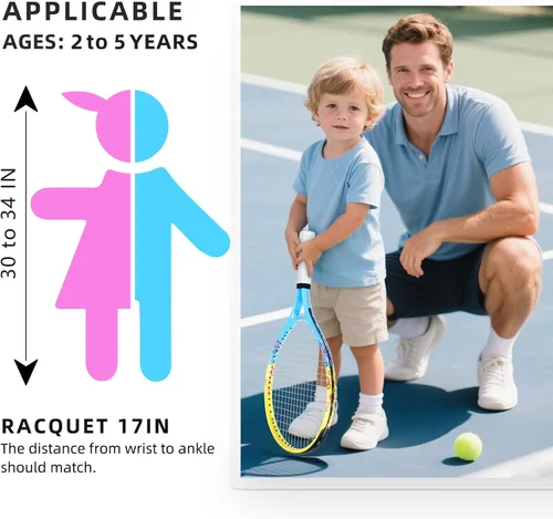 Miniatura 4 de Raqueta de tenis para niños de 17"-23" para edades de 2-9 años, ligera y duradera, incluye 1 raqueta de tenis para niños pequeños y 1 cintas