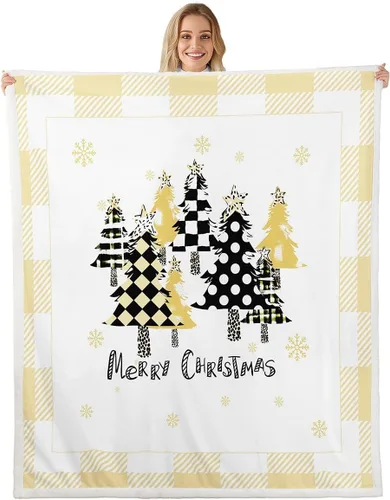 Miniatura 12 de Manfei Manta de Navidad con árbol de Navidad, muñeco de nieve, copo de nieve, para decoración de habitación de niños y niños, manta de rayas blancas