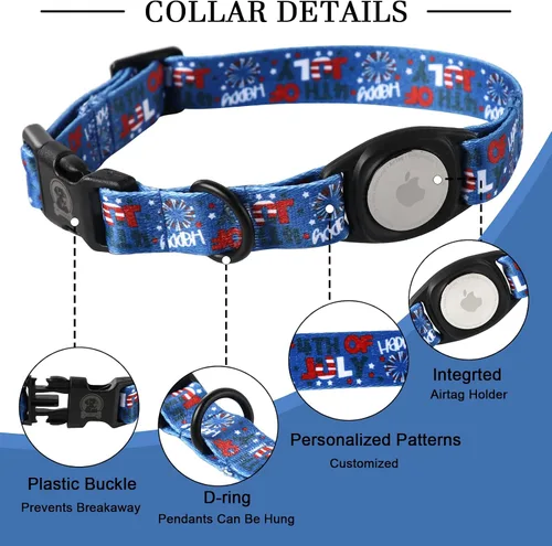 Miniatura 3 de Collar de perro para el 4 de julio, soporte para Airtag de Apple, collares de perro rojos, blancos y azules para perros pequeños, medianos y grandes