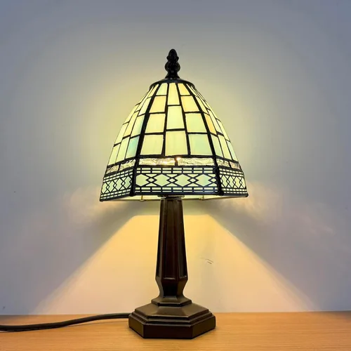 Miniatura 2 de Lámpara de Mesa Pequeña Estilo Tiffany, 3 Temperaturas de Color Rejilla Azul Lámparas de Mesa de Vidrio Emplomado, Luz Nocturna de Mesita de Noche