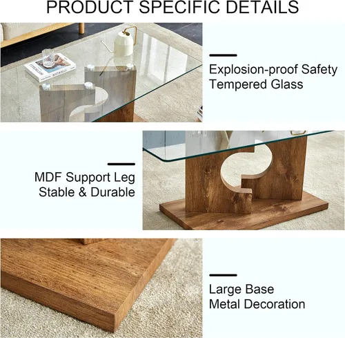 Miniatura 6 de Mesas de centro de cristal para sala de estar, mesa central rectangular moderna de 47.2 pulgadas, mesa de cóctel minimalista con parte superior