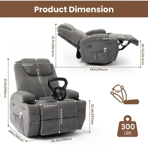 Miniatura 3 de Silla reclinable giratoria de 360° con masaje y calor para adultos, silla reclinable eléctrica con cojín suave y bolsillo lateral, cómoda mecedora
