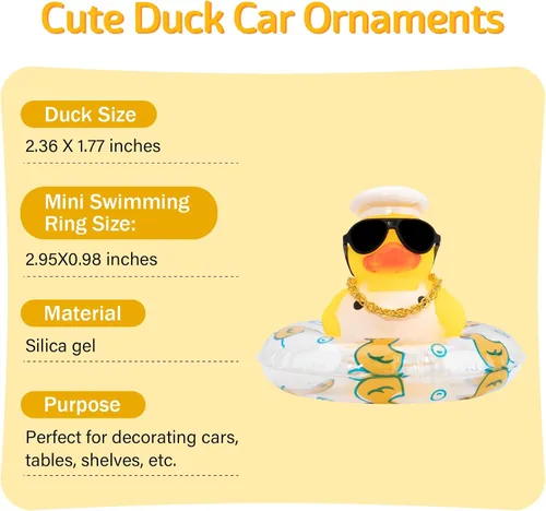 Miniatura 5 de wonuu Adorno de pato de goma para automóvil, accesorios de decoración de tablero de instrumentos con mini collar de anillo de natación y gafas de sol
