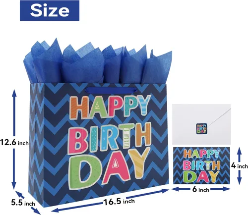 Miniatura 2 de Qirrmiy Juego de bolsa de regalo de cumpleaños azul extragrande de 16.5 pulgadas con asas, tarjeta de felicitación, papel de seda y calcomanías