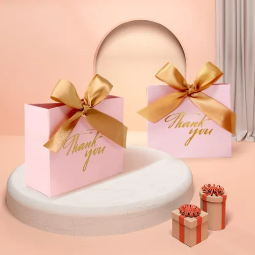 Miniatura 5 de Paquete de 24 cajas de regalo de agradecimiento, pequeñas cajas de regalo con lazo dorado, bolsas de papel de patrón rosa a granel para bodas, baby