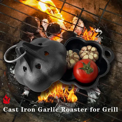 Miniatura 4 de Asador para Ahumar y Tostador de Hierro Fundido & Horno para Ajos, Caja para Ahumar, Asador de Ajos de Hierro Fundido Pre-Curado para Parrilla