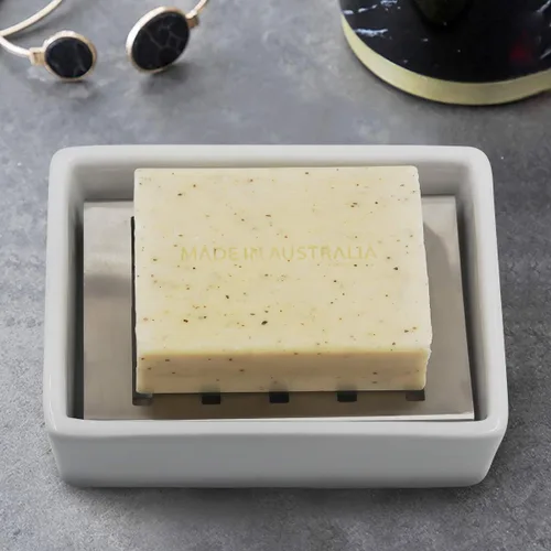 Miniatura 2 de TOPSKY Jabonera de cerámica de acero inoxidable para baño, doble capa, bandeja de jabón autodrenante, di no al jabón blando, fácil limpieza (blanco)