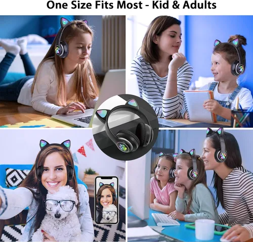 Miniatura 2 de TCJJ Auriculares Bluetooth 6.0 con orejas de gato para niñas, luz LED, límite de volumen seguro de 85dB, auriculares plegables inalámbricos