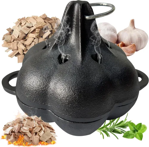 Asador para Ahumar y Tostador de Hierro Fundido & Horno para Ajos, Caja para Ahumar, Asador de Ajos de Hierro Fundido Pre-Curado para Parrilla,