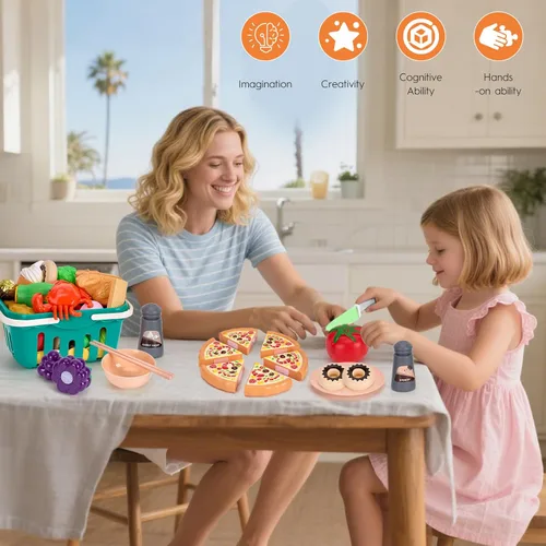 Miniatura 8 de Juego de cocina de 150 piezas, accesorios de utensilios de cocina de juguete para niños pequeños, comida, manta de picnic, frutas, verduras, paquete