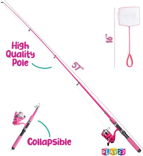 Miniatura 5 de Play22 Caña de pescar para niños, color rosa, 40 unidades, combos de caña de pescar y carrete, cañas de pesca para niños jóvenes, incluye aparejos
