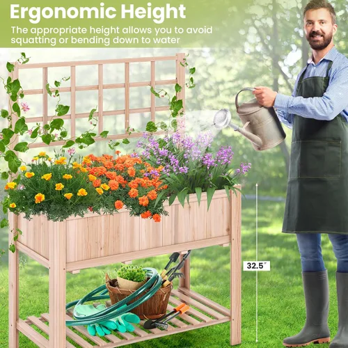 Miniatura 6 de S AFSTAR Cama de jardín elevada con enrejado, maceta elevada de 42 x 21 x 58 pulgadas con patas, estante de almacenamiento inferior, forro
