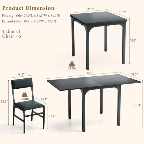 Miniatura 8 de Juego de mesa de comedor de 7 piezas para 4-6, sillas extensibles para mesa de cocina, juego de 6 con 6 sillas, mesa de comedor rectangular