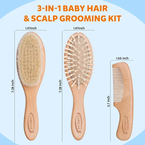 Miniatura 5 de Juego de cepillo y peine para el pelo del bebé, cepillo de madera orgánica con cerdas naturales de cabra de 3 piezas para recién nacidos y niños