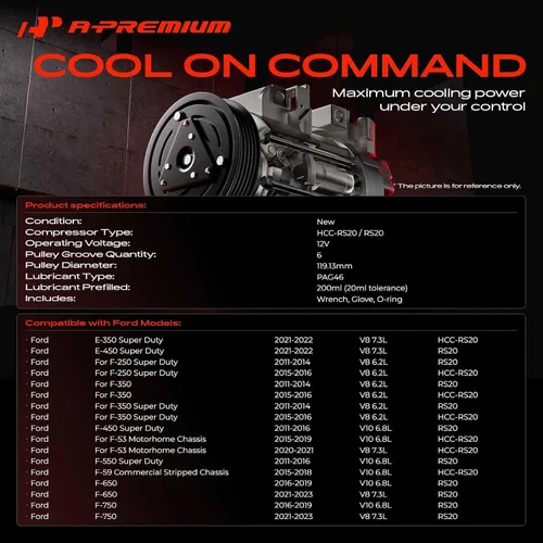 Miniatura 2 de A-Premium Compresor de Aire Acondicionado AC con Embrague Compatible con Ford F-250 F-350 F-450 F-550 Super Duty F53 F59 F650 F750
