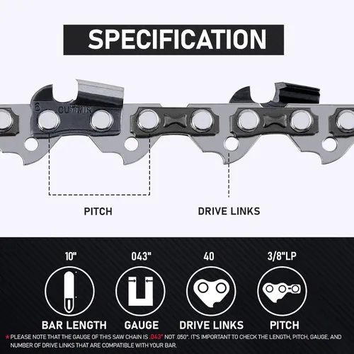 Miniatura 2 de Paquete de 3 Cadenas de Motosierra de 10 Pulgadas CW-R40 Paso LP 3/8" Calibre .043" 40 Eslabones de Transmisión, Repuesto de Cadena de Sierra