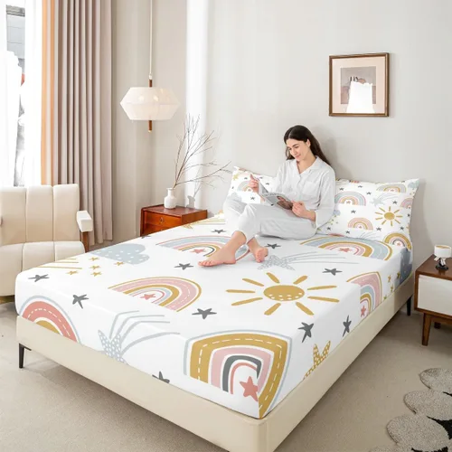Miniatura 2 de Erosebridal Sábana bajera ajustable de arcoíris para niñas, diseño de sol y estrellas, tamaño matrimonial para niños y niños, juego de ropa de cama