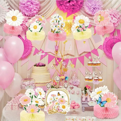 Miniatura 6 de Hotop 9 piezas de decoración de fiesta de cumpleaños con margaritas y mariposas, centros de mesa de margaritas 3D para mesas, decoración de mesa